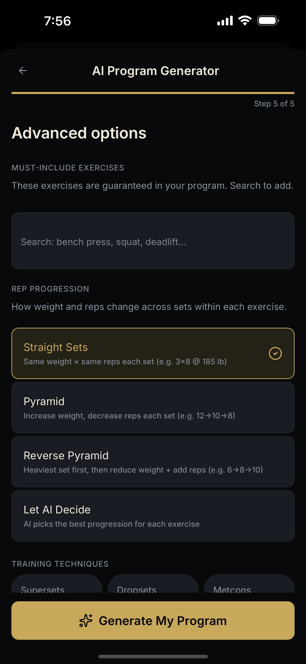 NEPSYN AI Program Generator advanced options showing rep progression before program generation.