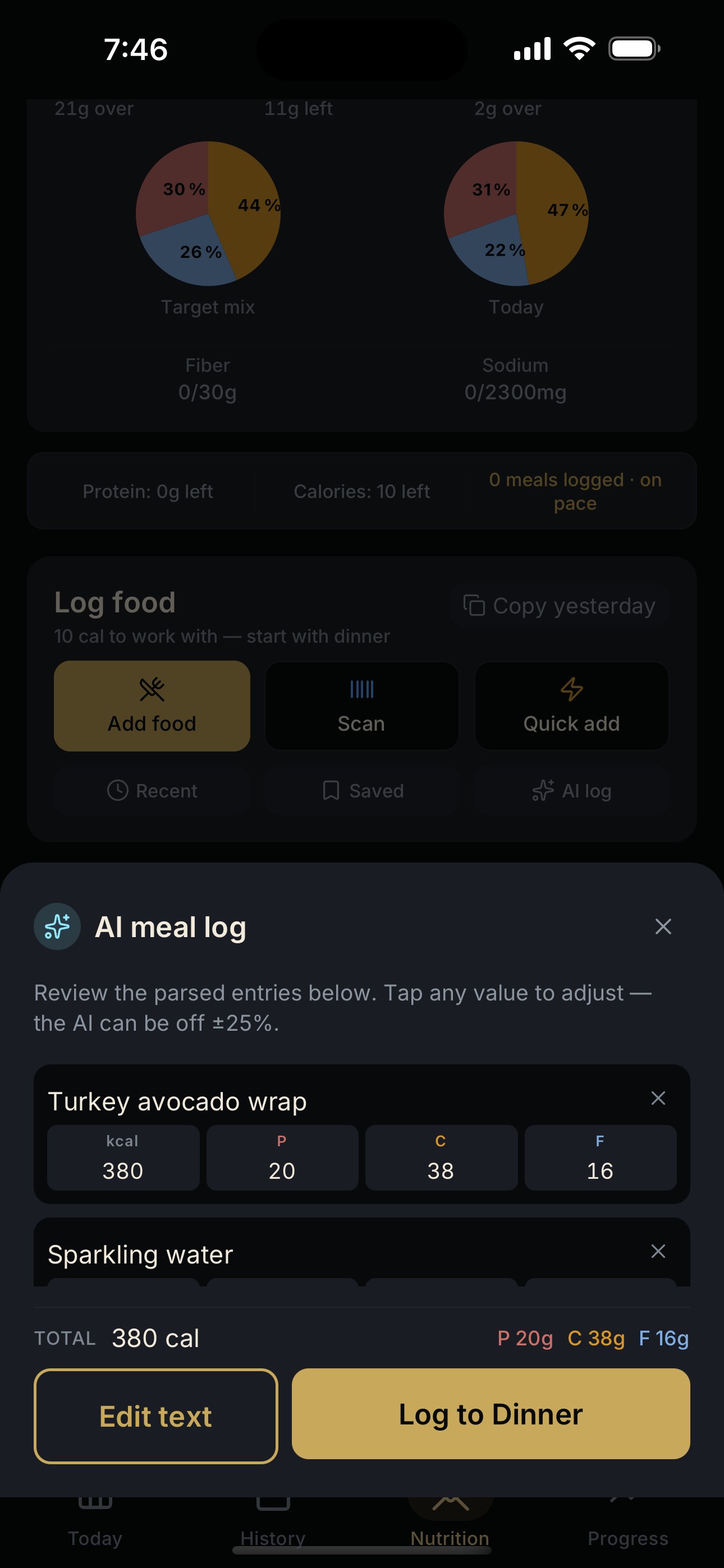 NEPSYN AI meal logger showing a parsed turkey avocado wrap and sparkling water with estimated macros.