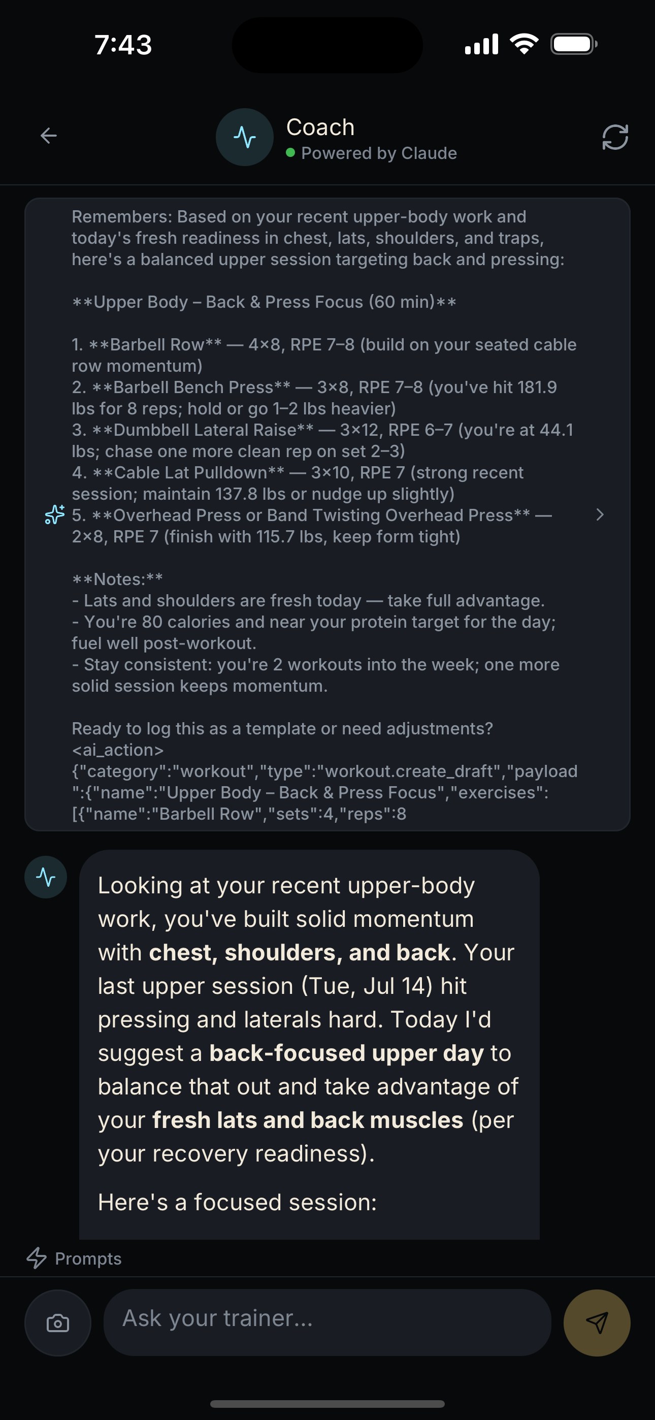 NEPSYN AI Coach conversation reviewing recent upper-body training and recovery context.
