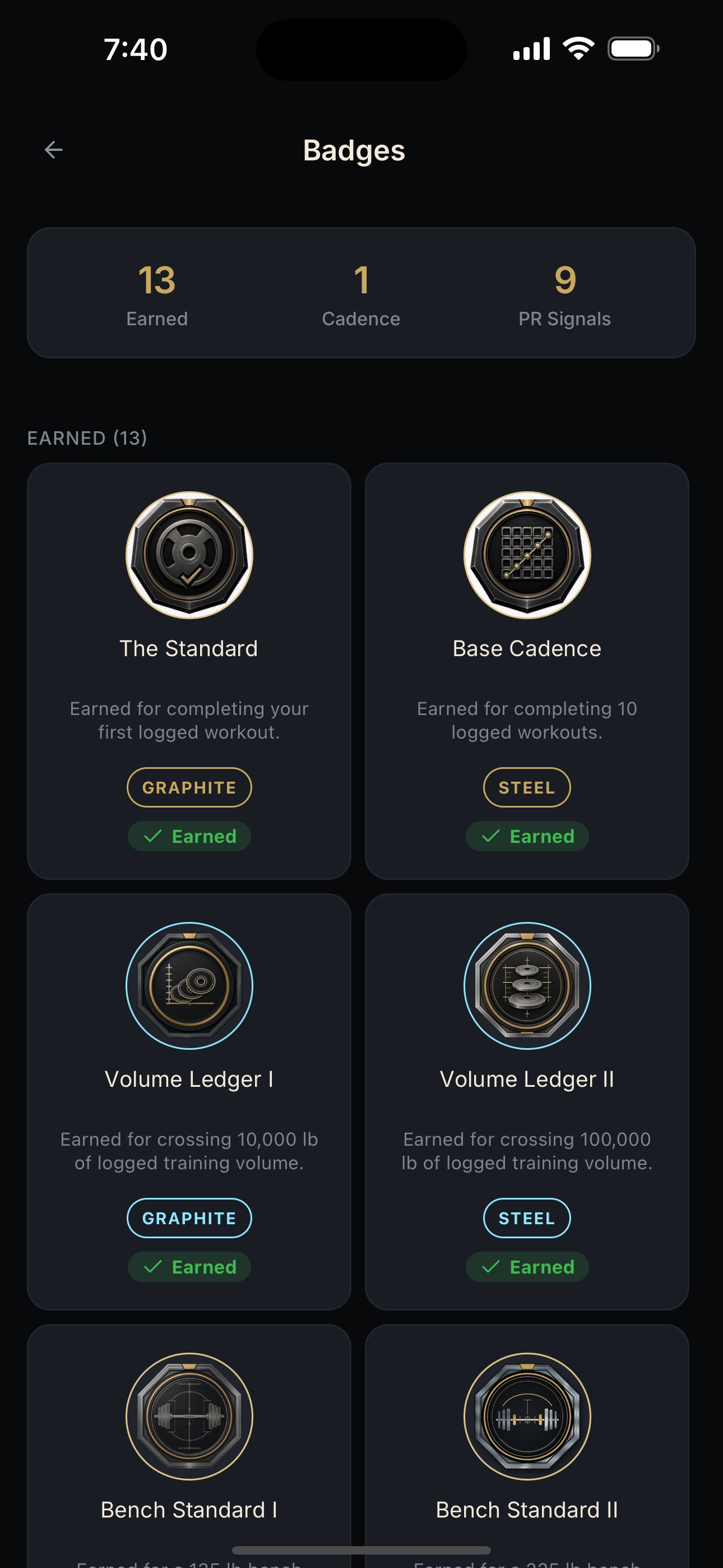 NEPSYN Badges screen showing 13 earned badges with cadence and personal-record milestone summaries.