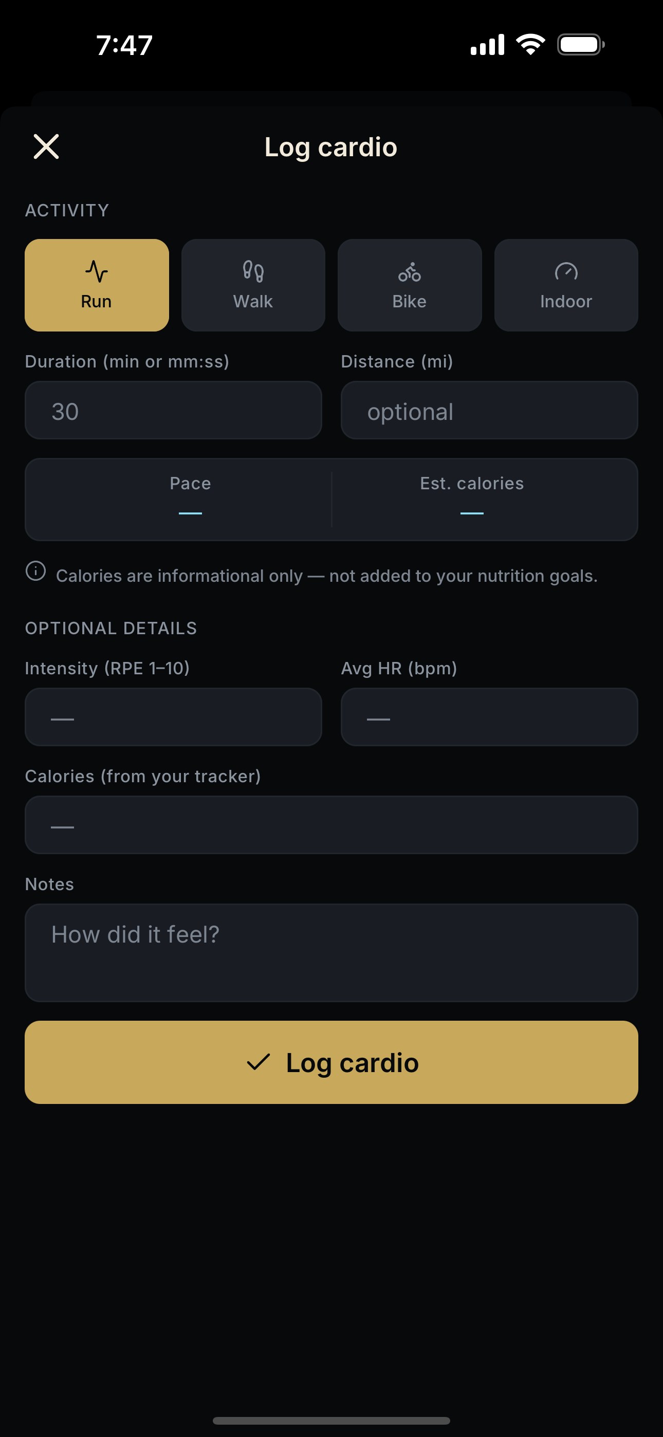 NEPSYN manual cardio form for a run with duration, distance, intensity, heart rate, calories, and notes fields.