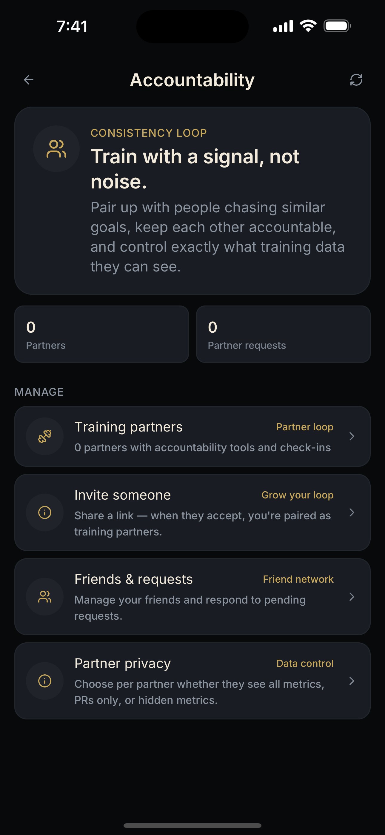 NEPSYN Accountability screen with no partners yet, invite controls, friend requests, and privacy guidance.