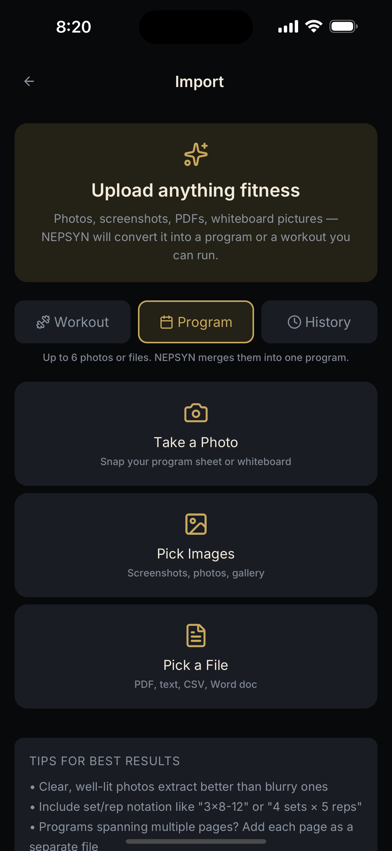 NEPSYN Program Import screen with Program selected and actions to take a photo, pick images, or pick a file.