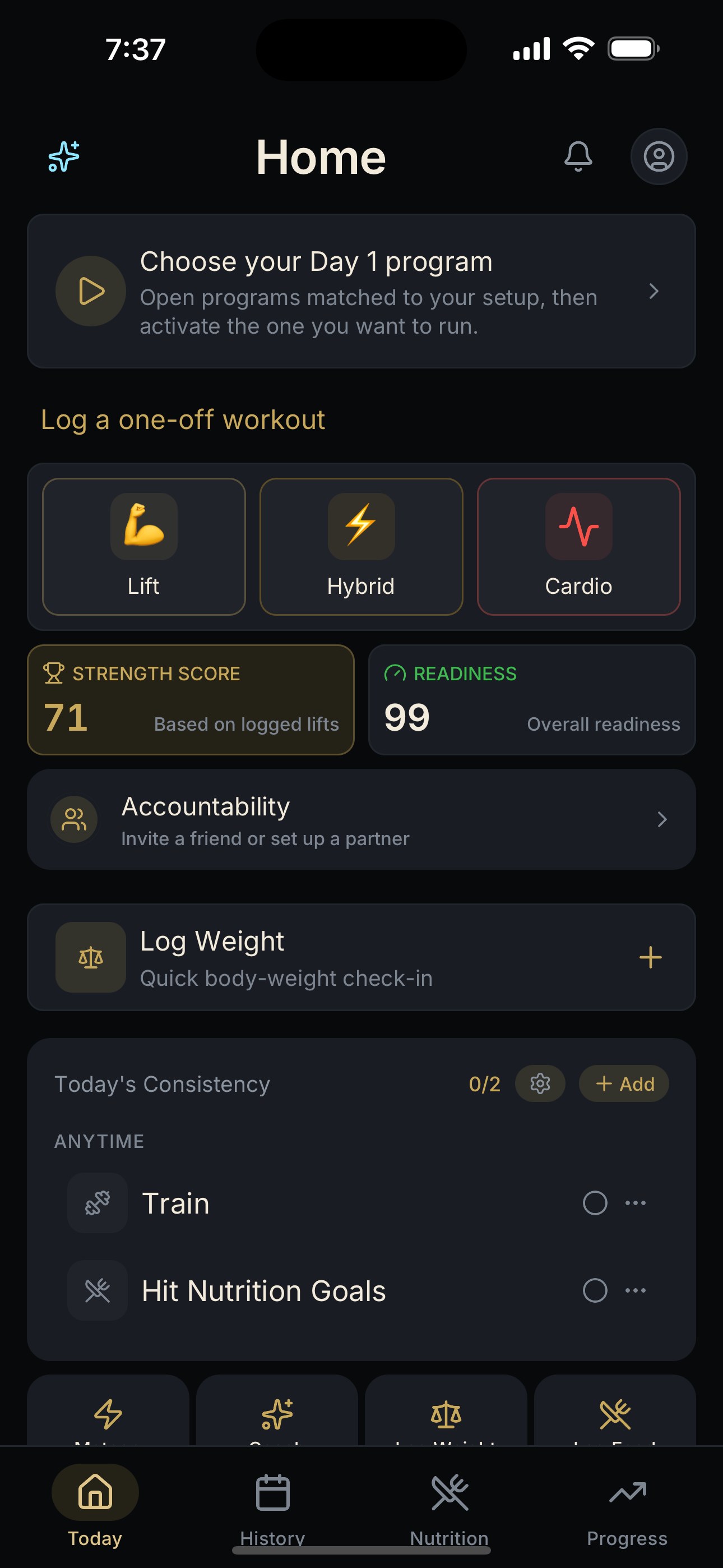 NEPSYN Today screen offering Lift, Hybrid, and Cardio starts alongside Strength Score and readiness widgets.