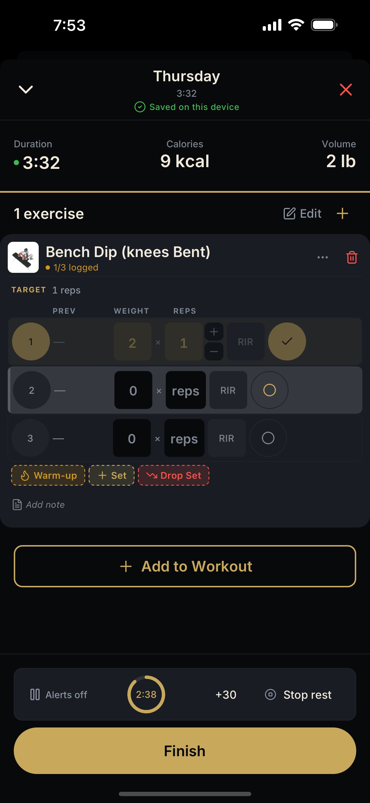 NEPSYN active workout logger showing a completed Bench Dip set, rest timer, add-exercise action, and Finish control.